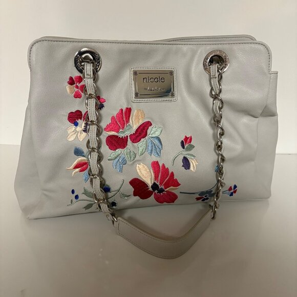Nicole Miller Floral Embroidered Gray Purse Chain Straps Shoulder Bag - Picture 1 of 12